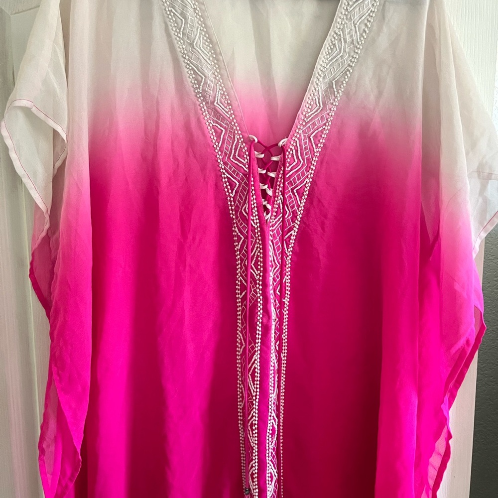 Pink Ombre Kaftan with Embellished Neckline